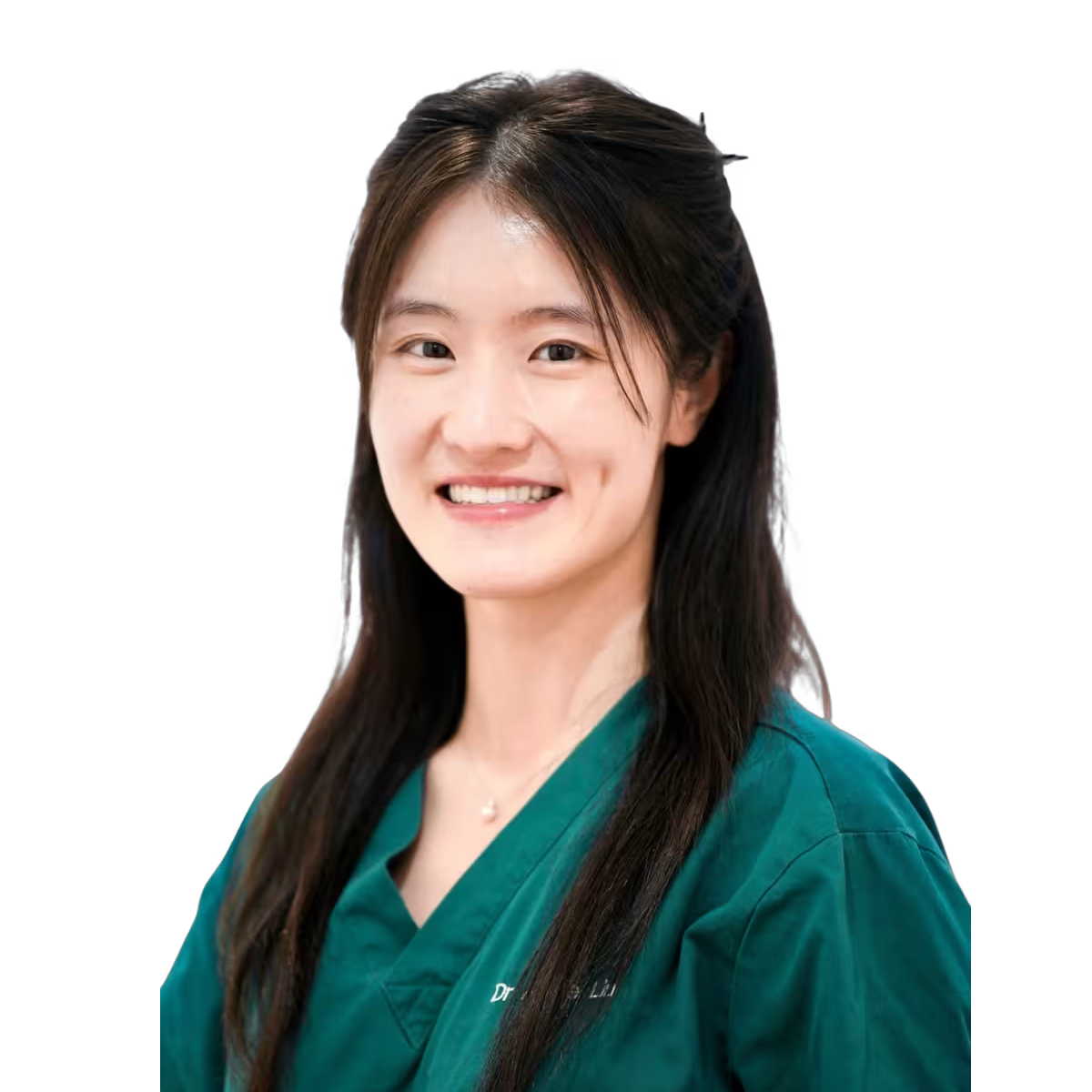 Dr Adele Liu, female doctor wearing teal medical scrubs, smiling at camera