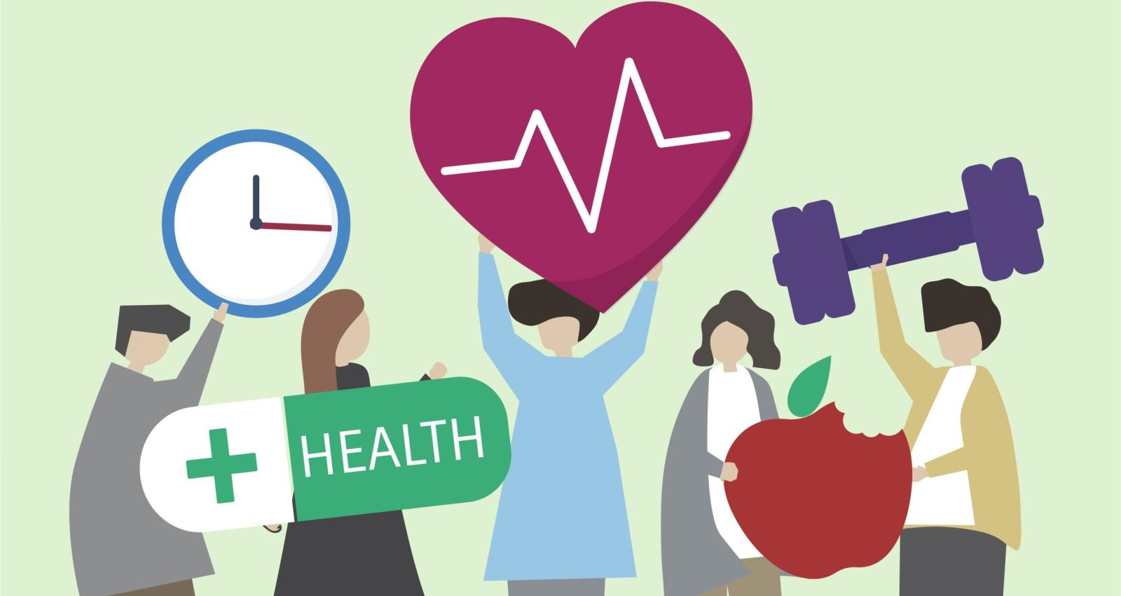 Diverse people demonstrating preventive healthcare through time management, heart health, fitness, nutrition and wellness