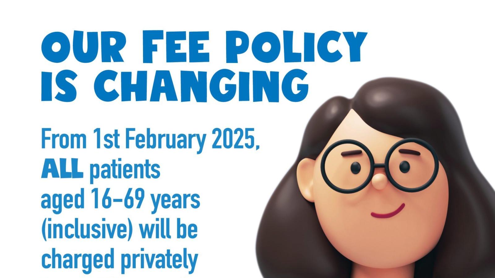 Illustrated woman with glasses smiling, representing fee policy changes from February 1st 2025